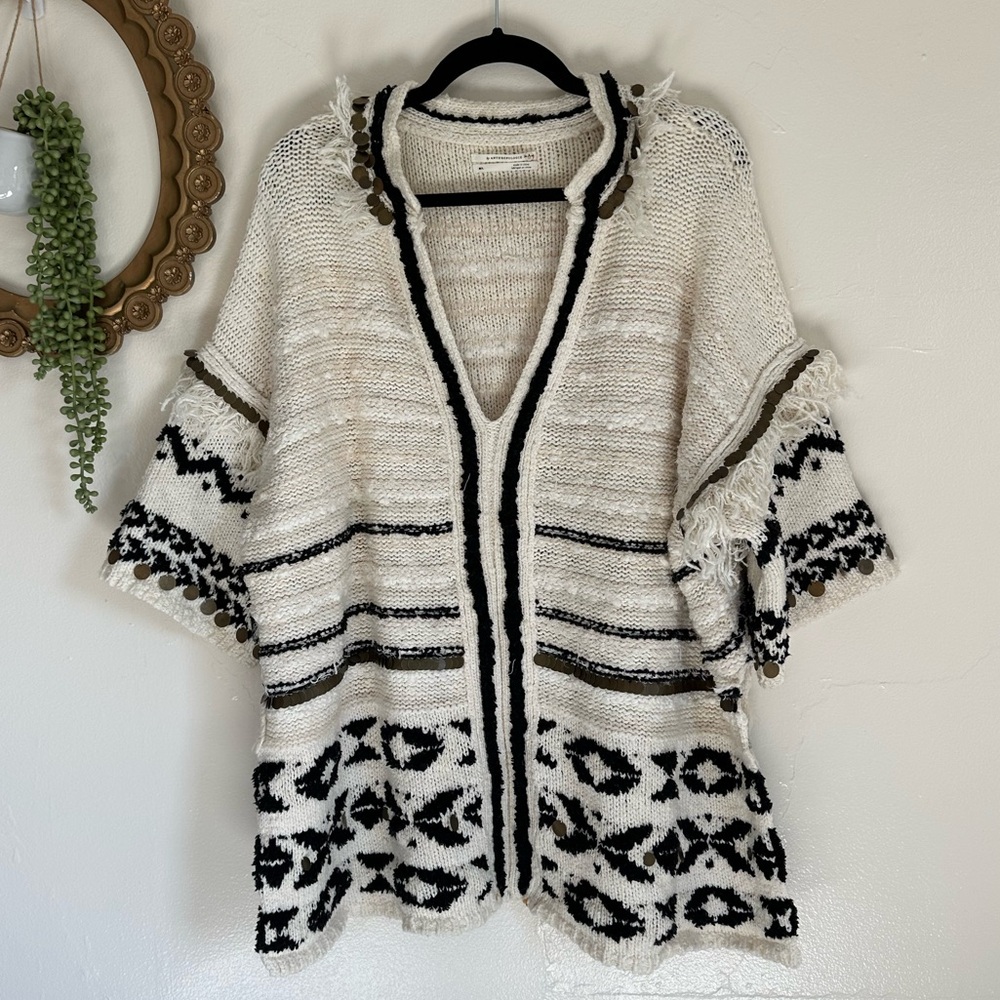 Anthropologie Cream, Black & Olive Open Knit Fringe Poncho Cardigan